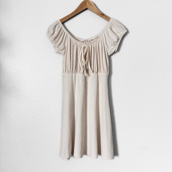 Mi Ami Ribbed Mini Dress Beige Cream Womens Small Boho Cottagecore Babydoll 90s - Picture 12 of 13